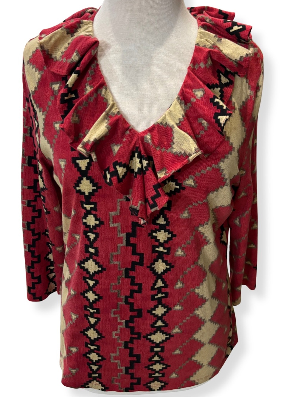 Lauren Ralph Lauren Southwestern Ruffle Top Red Geometric XL (Runs Smaller)